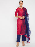 Women Magenta Blue Sequin Straight Kurta Set with Dupatta
