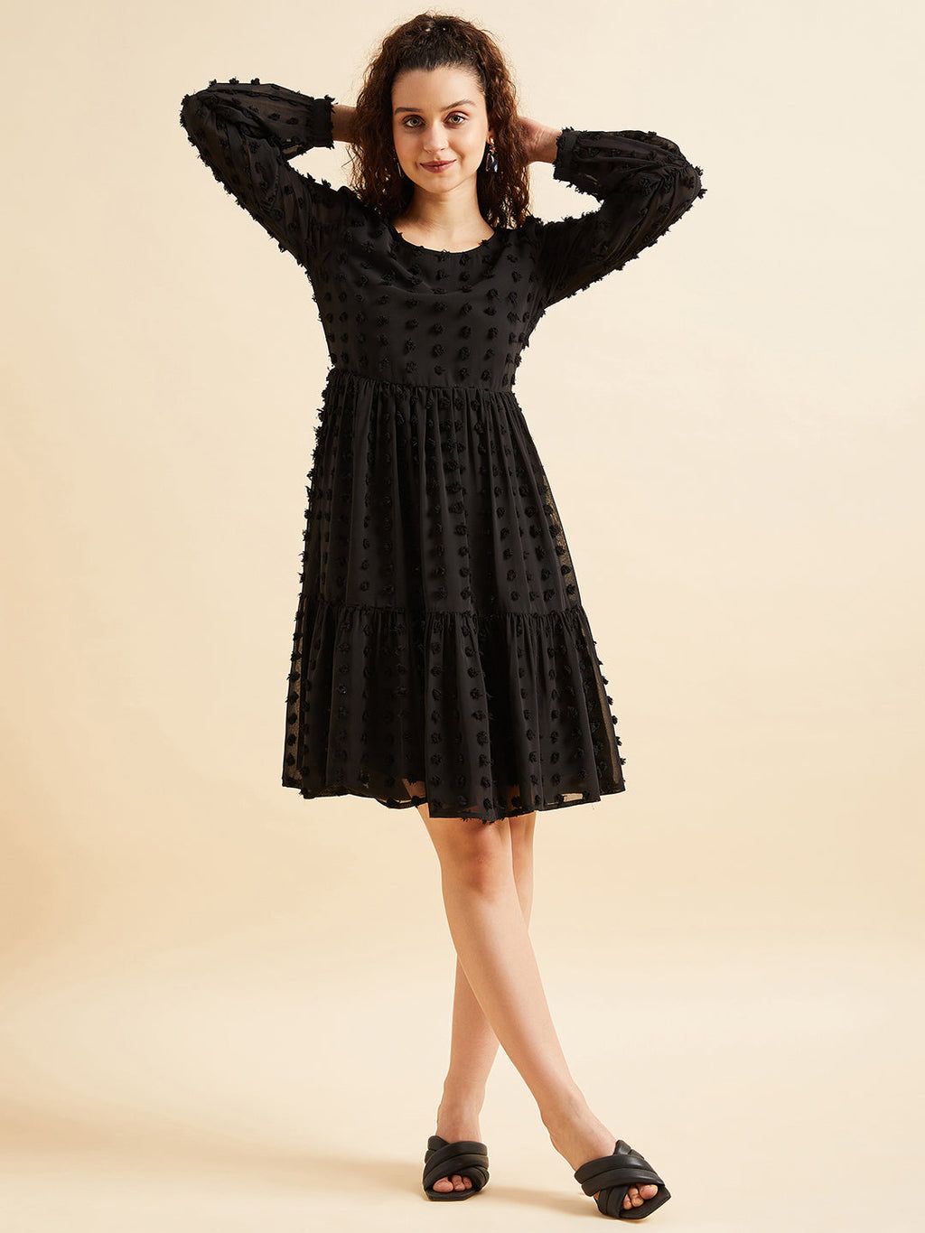 Women Black Puffed Sleeves Tiered Fit  Flare Georgette Dress