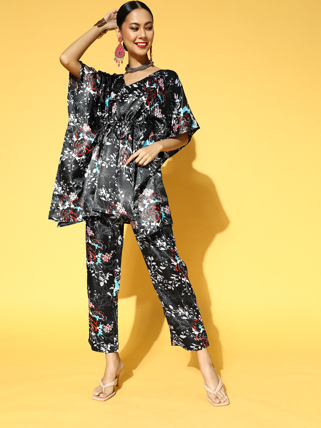 Women Black Floral Printed Kaftan Kurta with Trousers