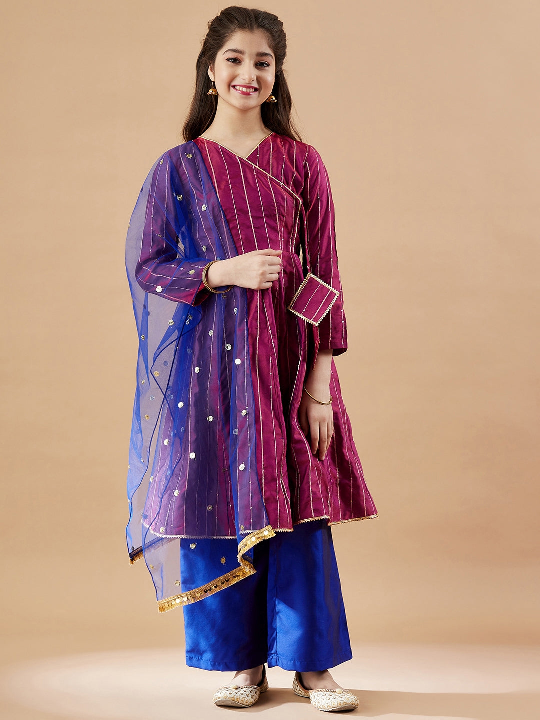 Girls Striped Angrakha Sequinned Kurta with Palazzos & With Dupatta