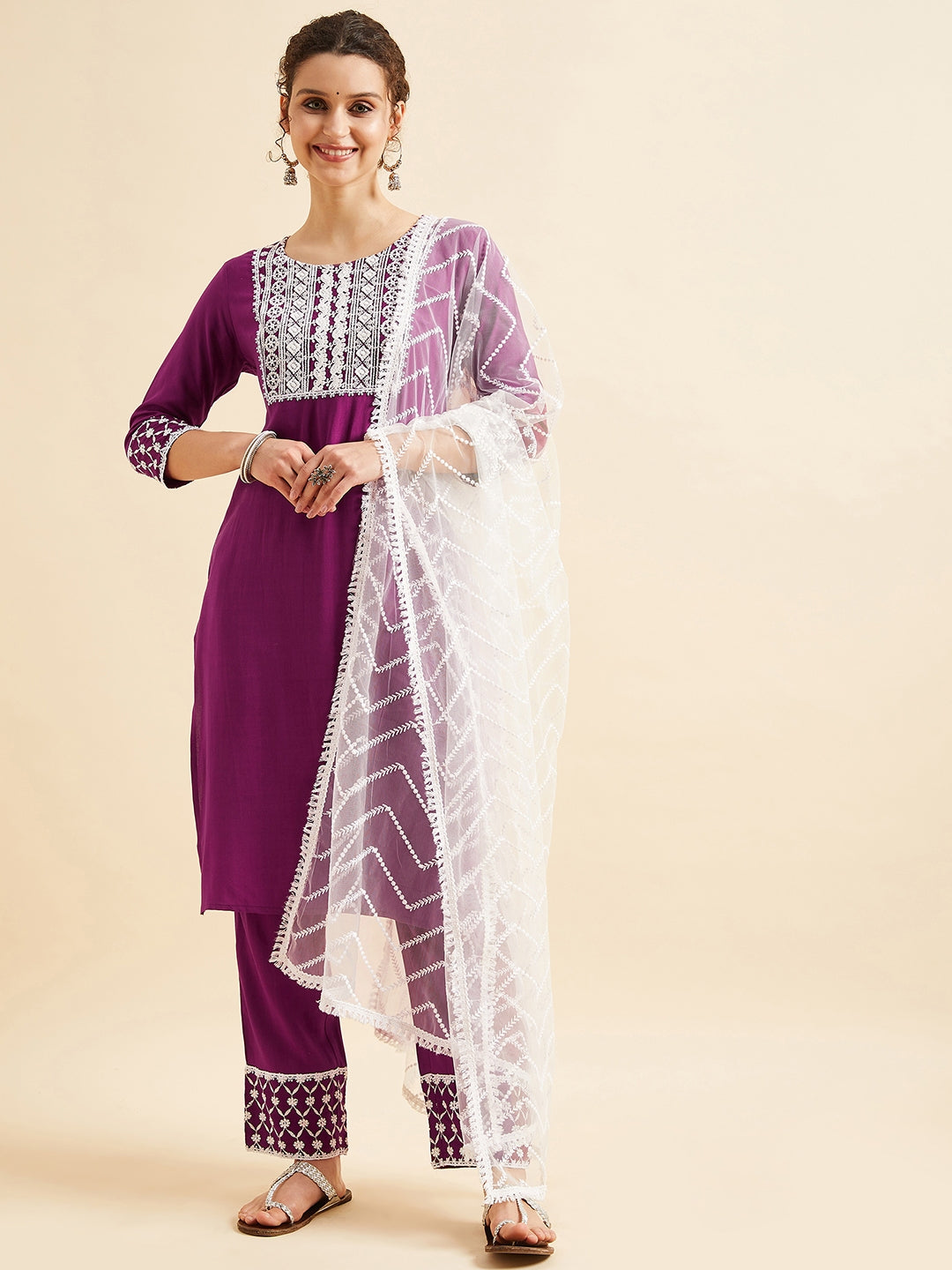 Purple Ethnic Motifs Embroidered Thread Work Regular Kurta with Trousers & Dupatta