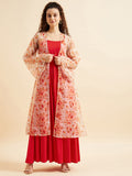 Shoulder Straps Fit & Flare Maxi Ethnic Dress With Printed Shrug