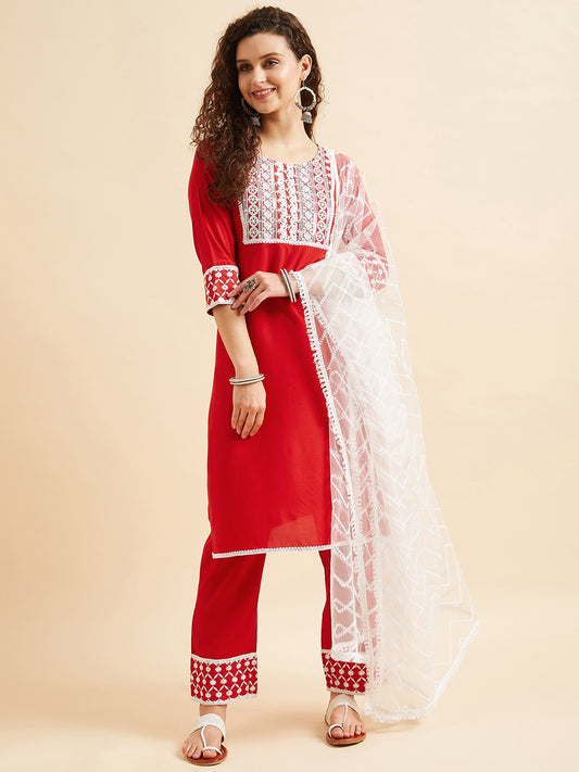 Red & White Ethnic Motifs Yoke Design Thread Work Kurta With Trousers & Dupatta
