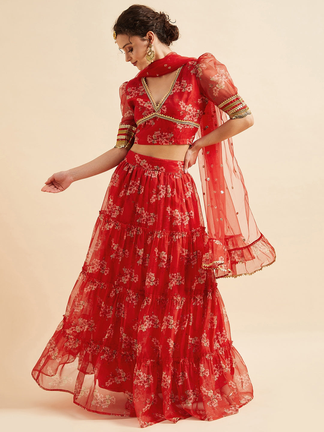 Red Floral Printed Ready to Wear Lehenga & Blouse With Dupatta