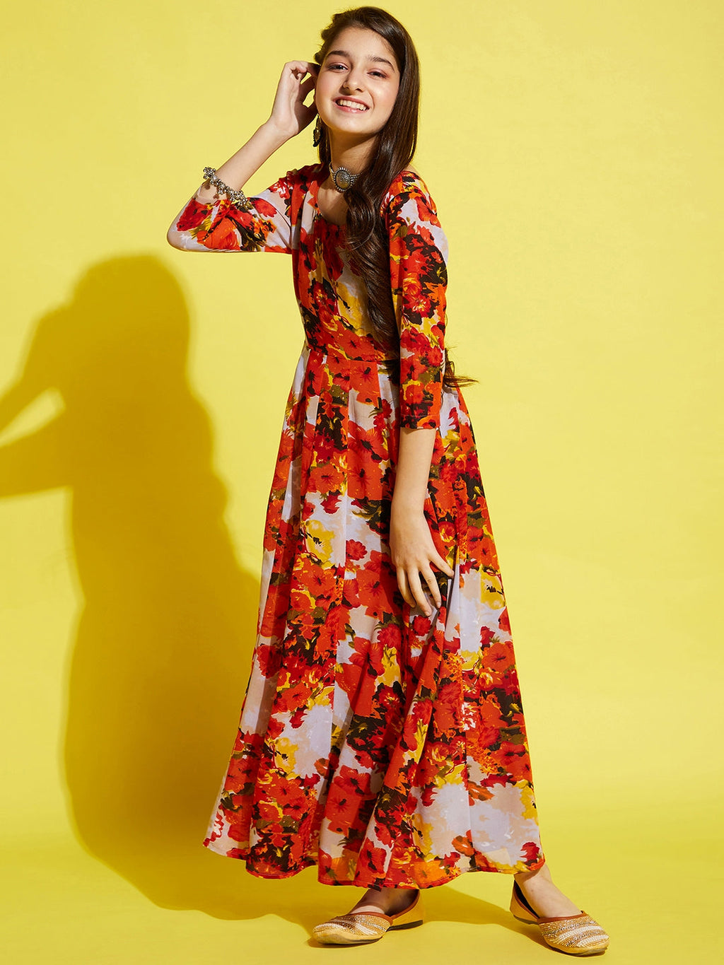 Girls Orange Floral Printed Georgette Ethnic Maxi Dress