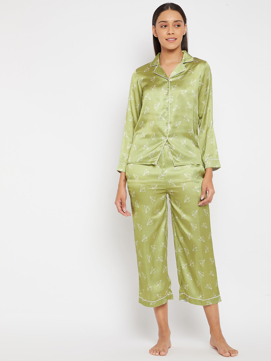Women Lime Green & White Printed Night suit