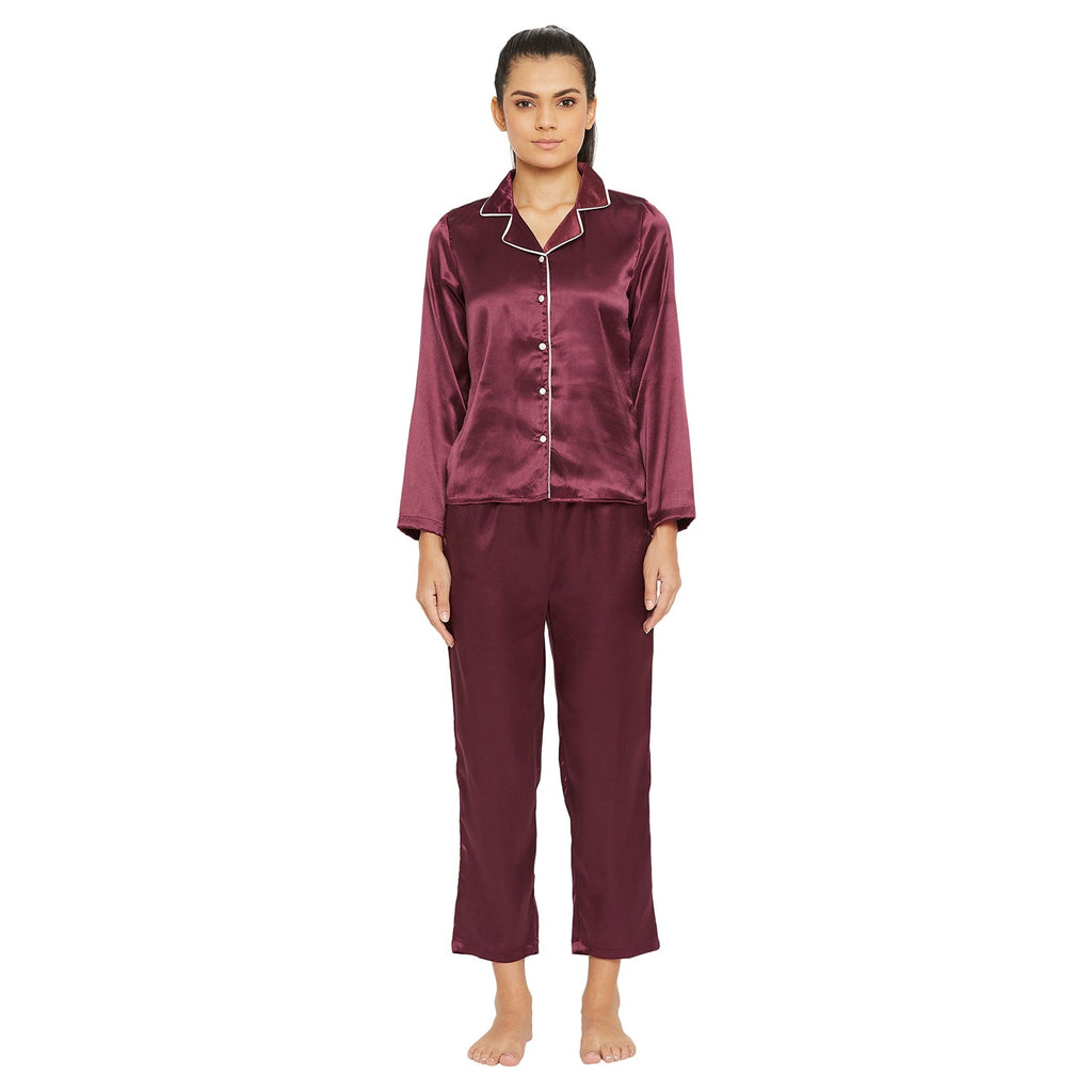 Women Wine Satin Finish Solid Night Suit