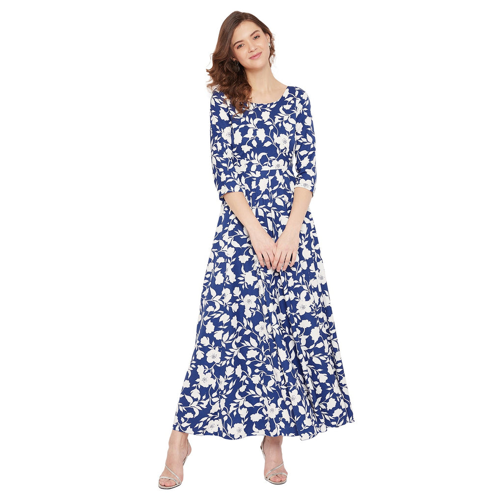 Women Blue and White Floral Printed Maxi Dress