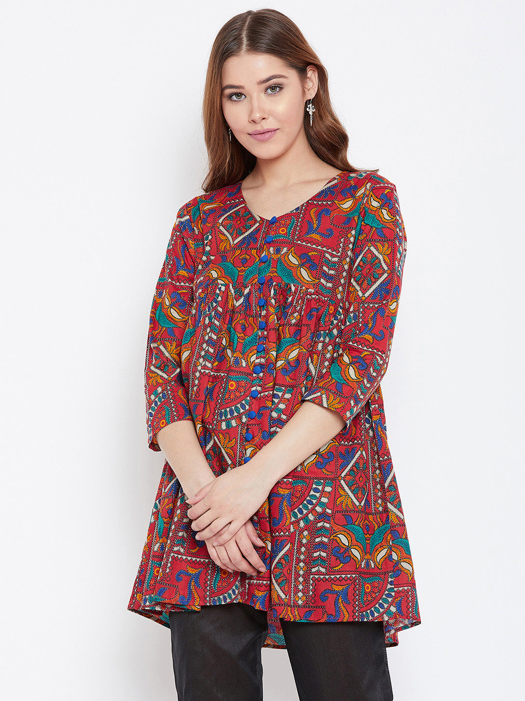 Women Red Printed Pure Cotton Anarkali Pure Cotton Kurti