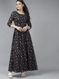 PANIT Black  Pink Floral Print Georgette Maxi Dress