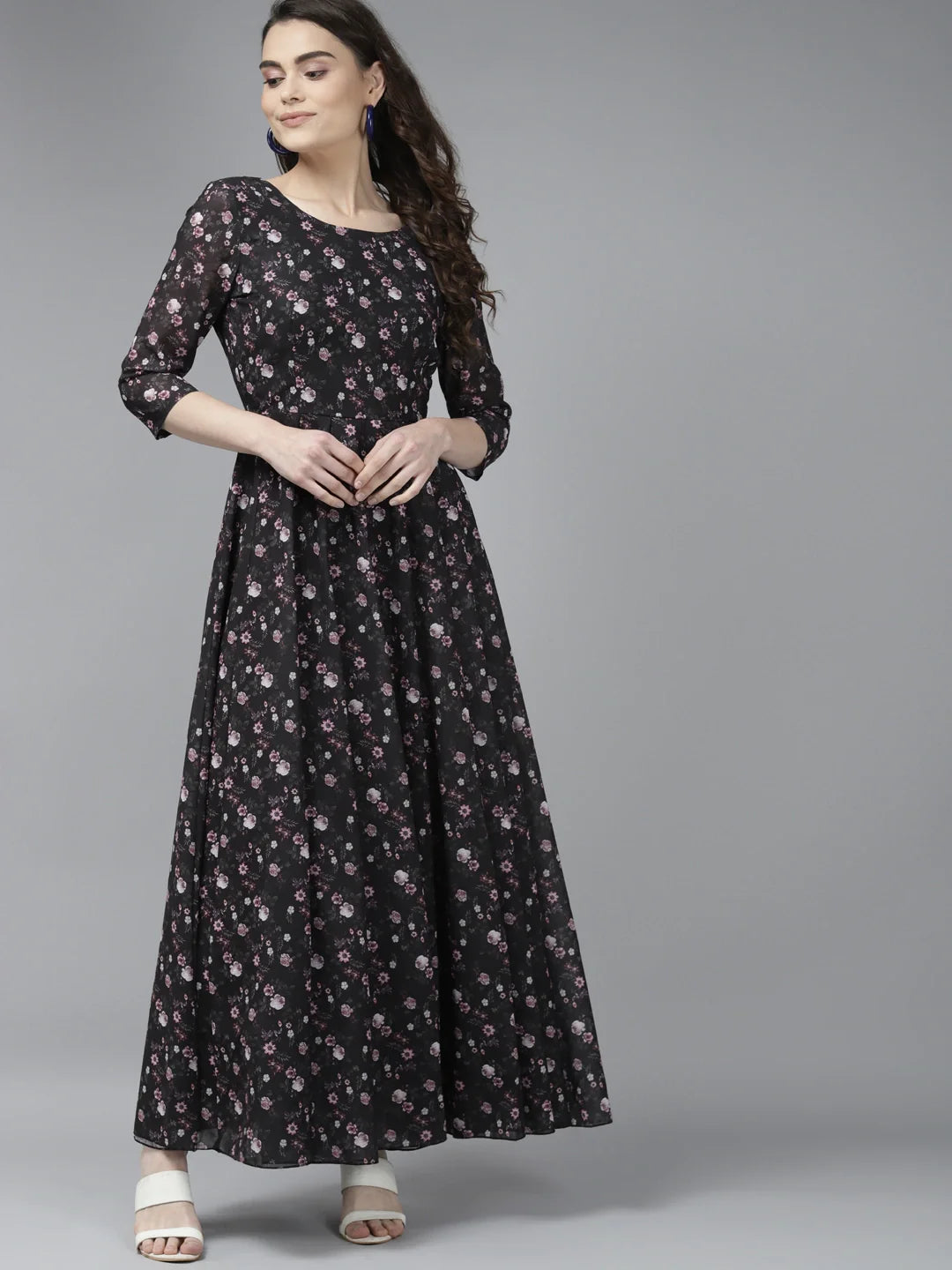 PANIT Black  Pink Floral Print Georgette Maxi Dress