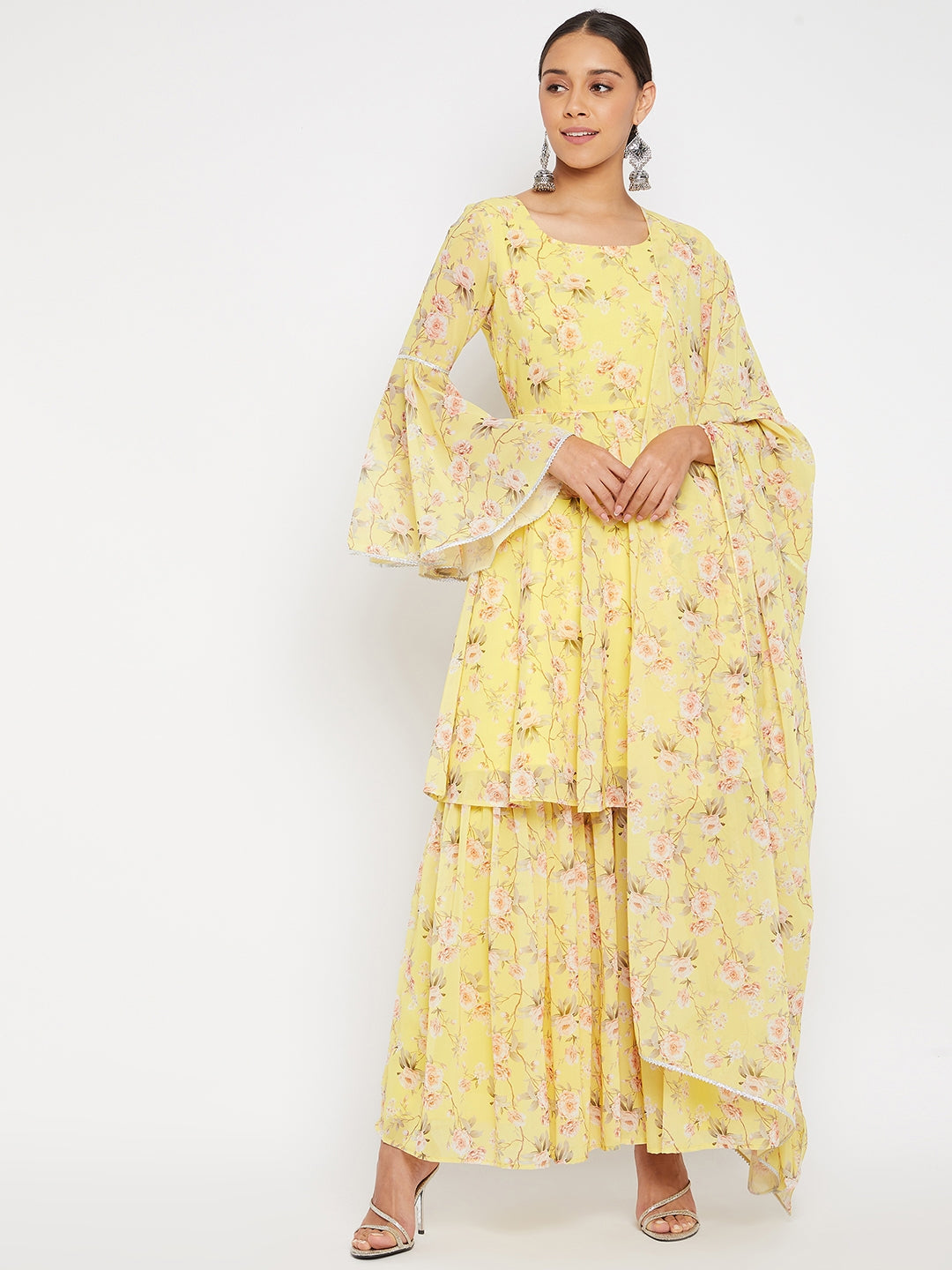 Women Yellow Floral Print Sharara Set With Dupatta