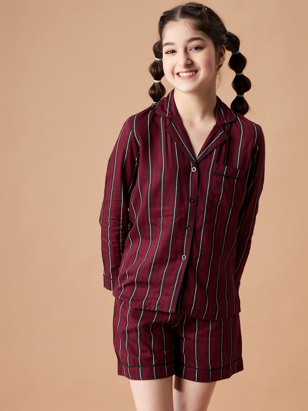 Girls Maroon Striped Shorts Night Suit Sets