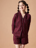 Girls Maroon Striped Shorts Night Suit Sets