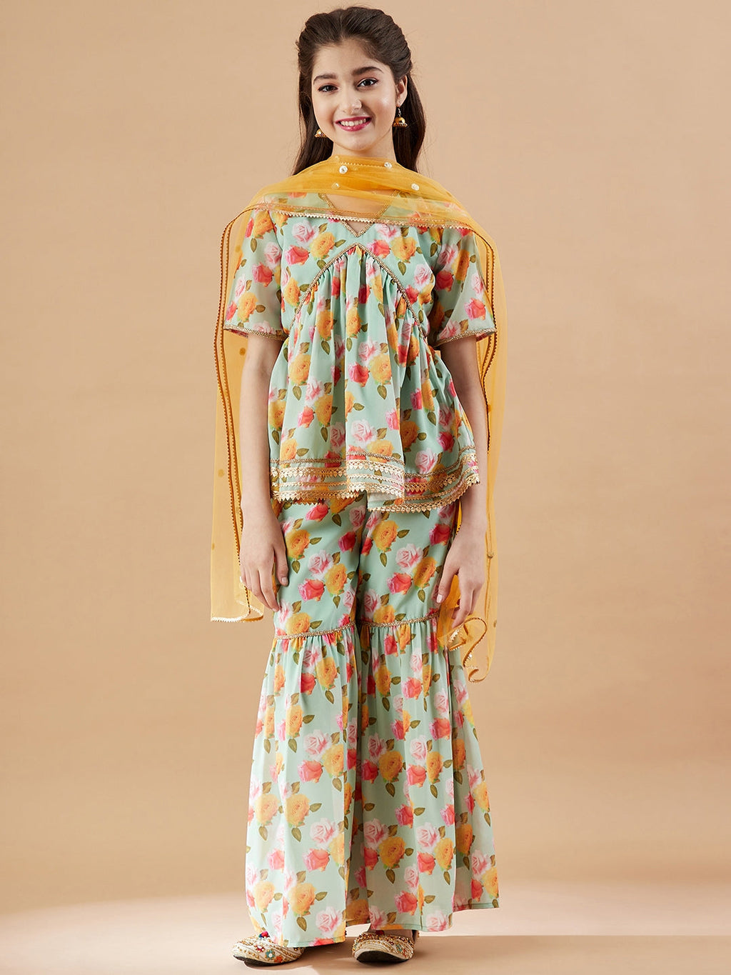 Girls Floral Printed Empire Gotta Patti Kurti with Sharara & With Dupatta
