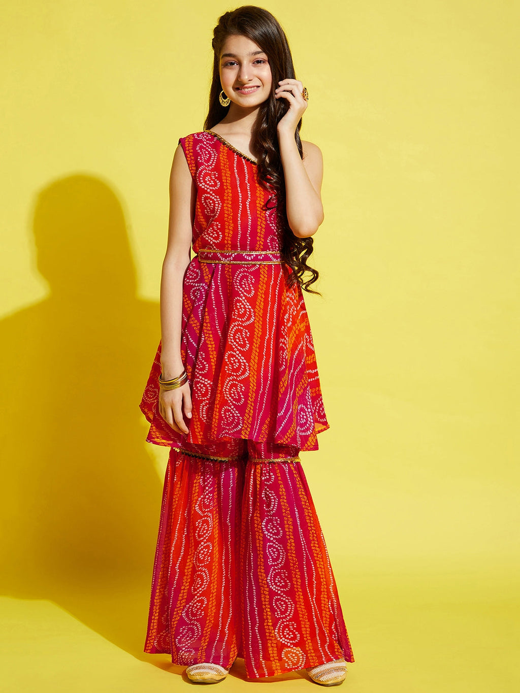 Girls Orange & Pink Bandhani Printed A-Line Kurta with
