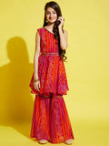 Girls Orange & Pink Bandhani Printed A-Line Kurta with