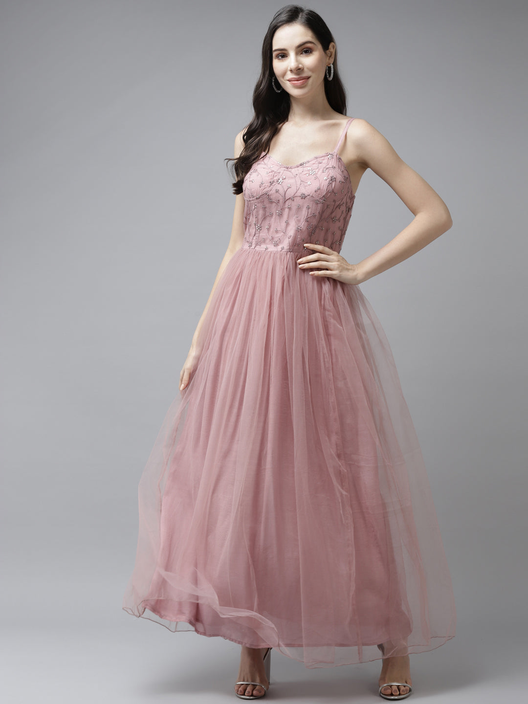 Women Pink Floral Embroidered Maxi Dress