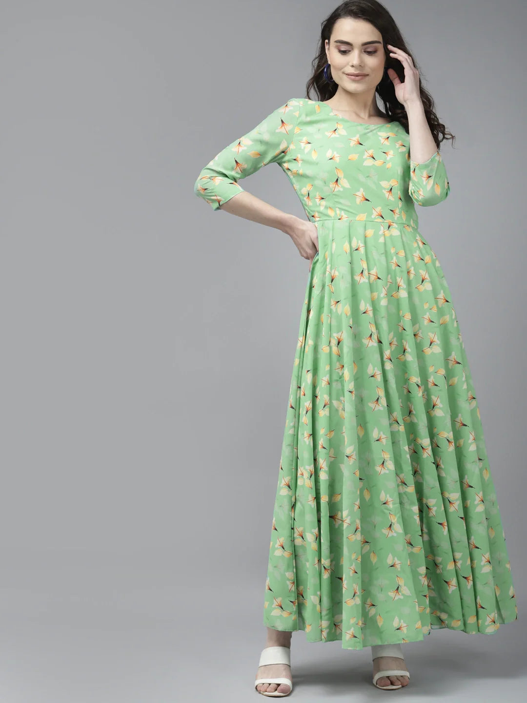 Green & Yellow Floral Georgette Maxi Dress