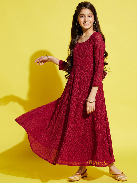 Girls Floral Embroided Maxi Dress - Maroon