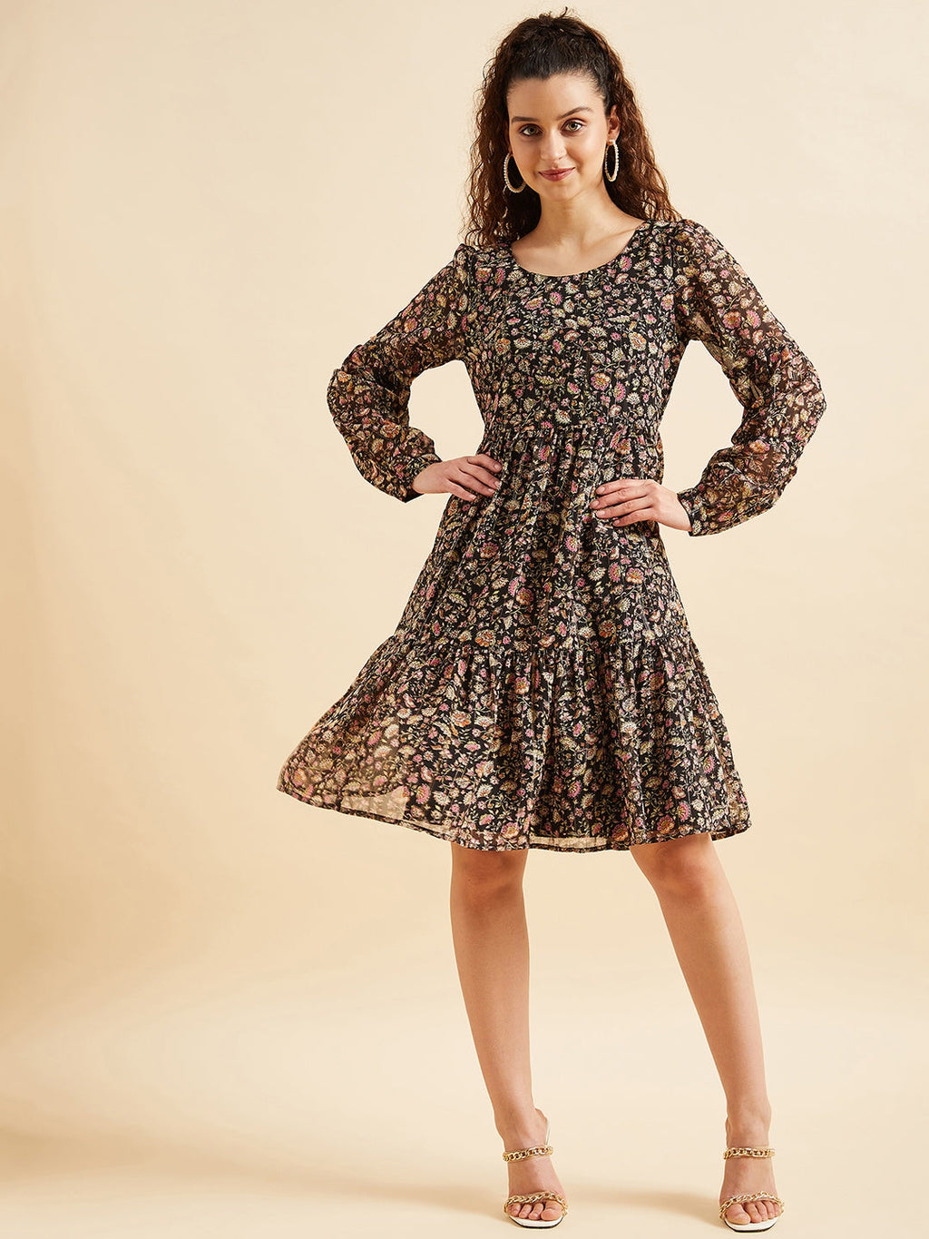 Puffed Sleeves Floral Printed Tiered Fit & Flare Georgette Dress