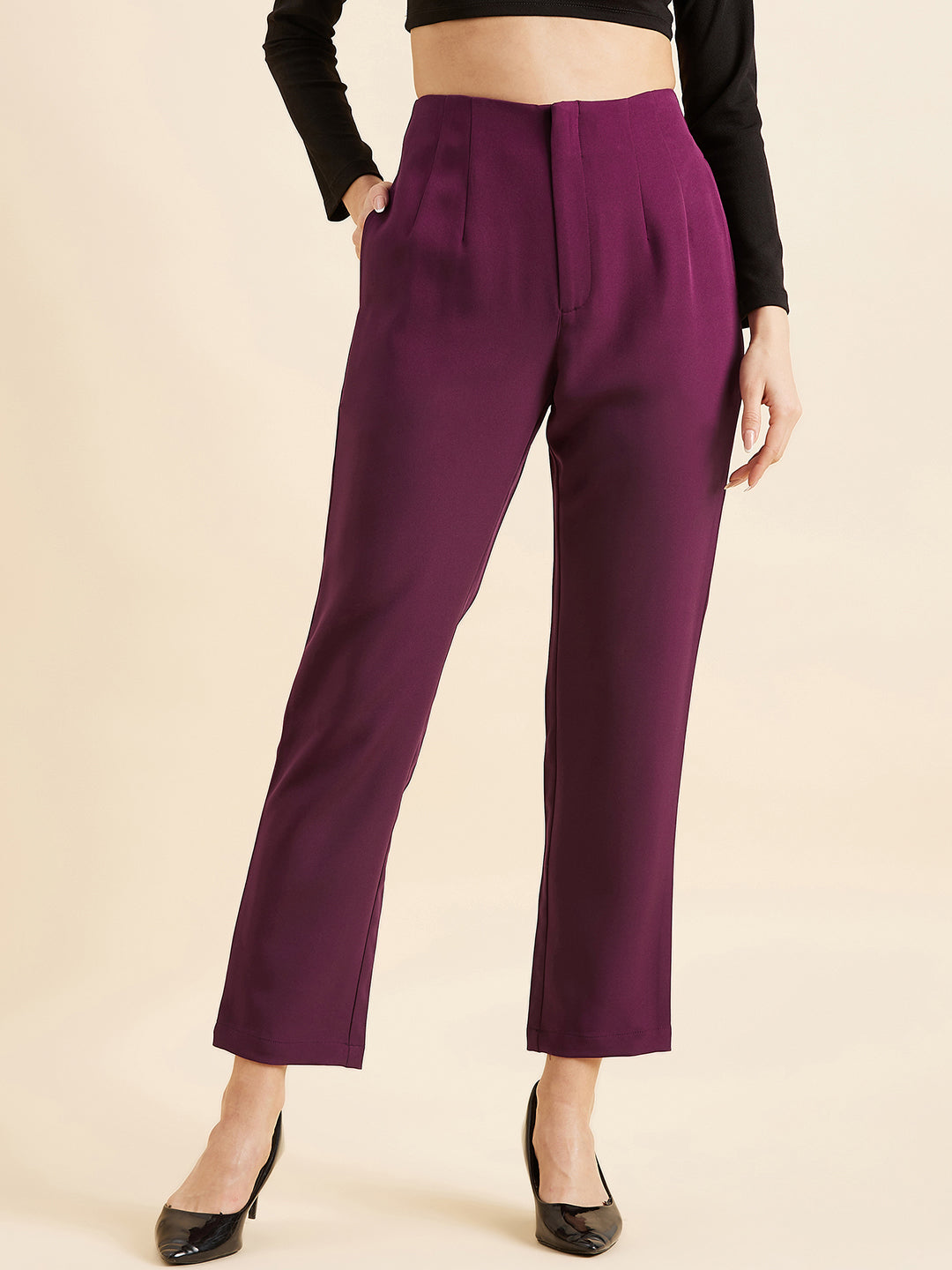 Burgundy Smart Straight Fit High-Rise Pleated Peg Trousers