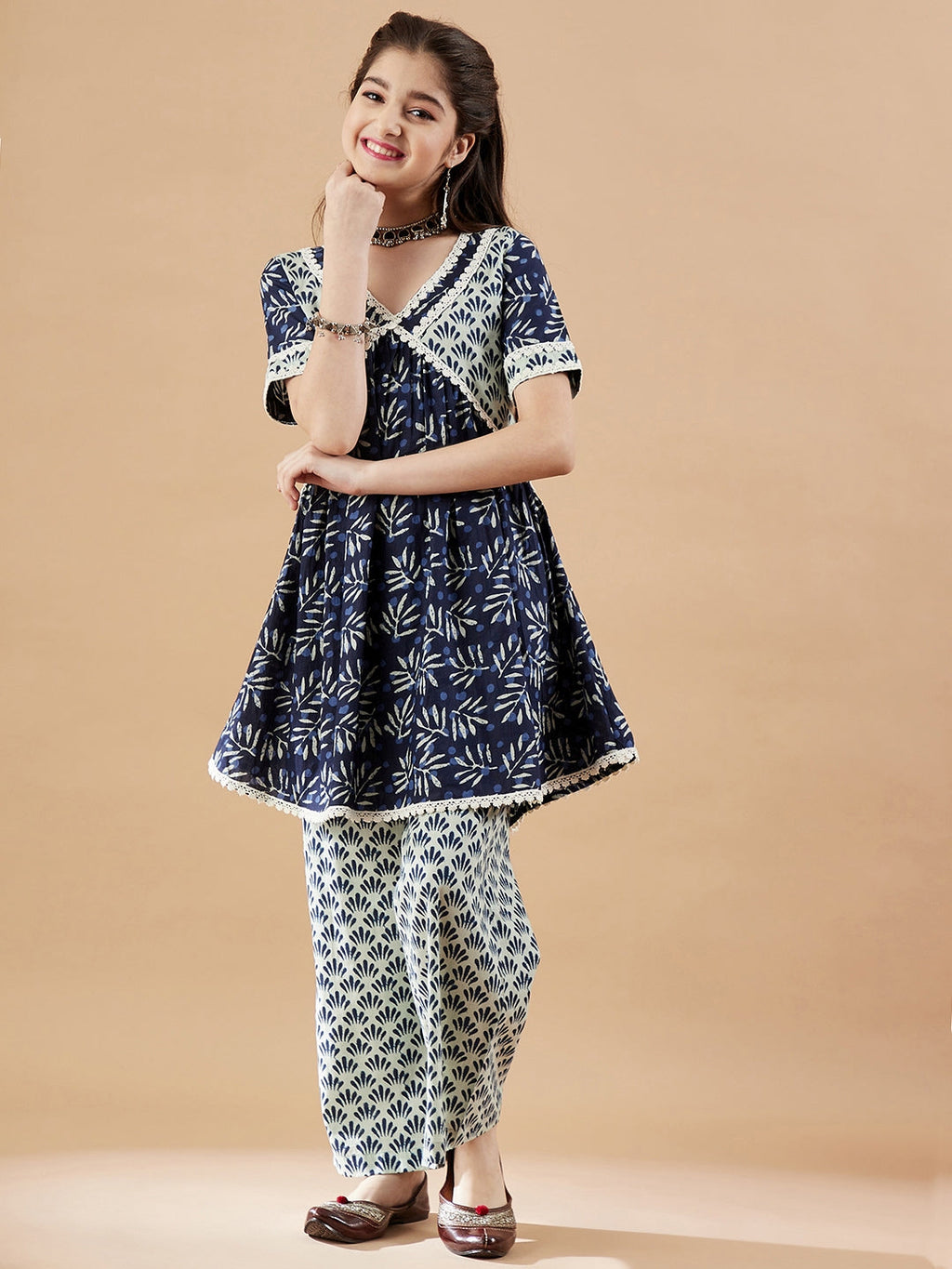Girls Cotton Printed Panelled Kurti With Palazzos