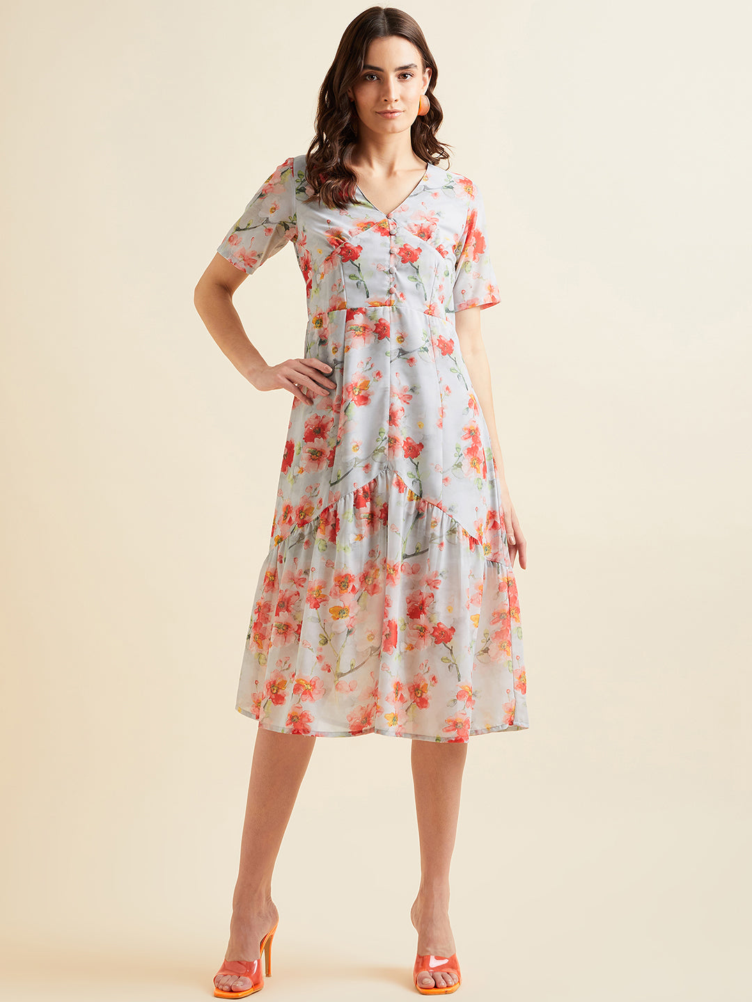 Grey & Orange Floral Printed V-Neck Georgette A-Line Dress