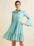 Women Blue Shirt Collar Bell Sleeve Ruffled Schiffli Cotton A-line Dress
