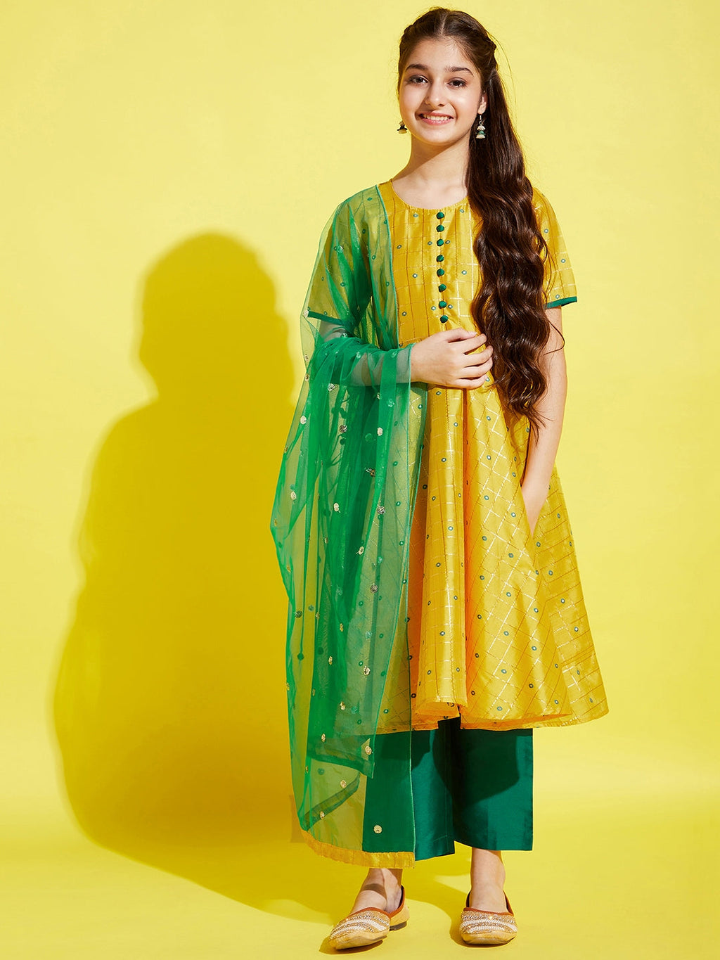 Girl Yellow Self Design Kurta with Palazzos with dupatta