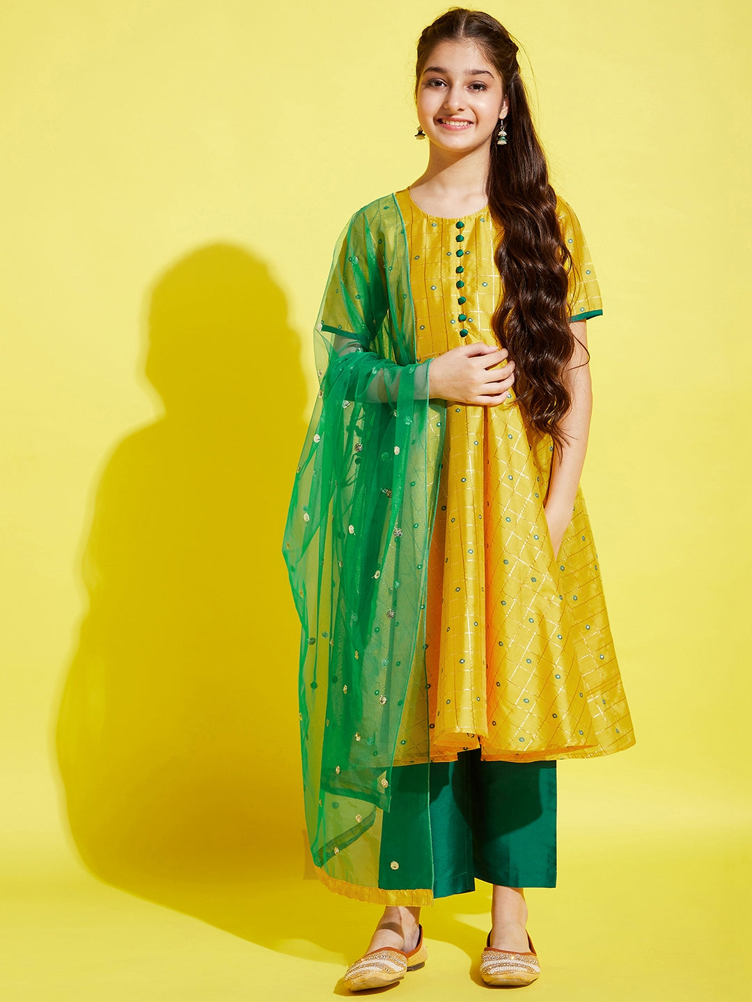 Girl Yellow Self Design Kurta with Palazzos with dupatta