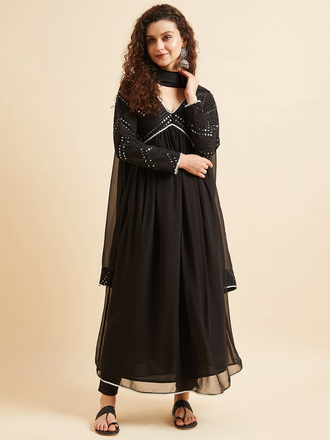 Black Mirror Work Anarkali Kurta & Trouser With Dupatta