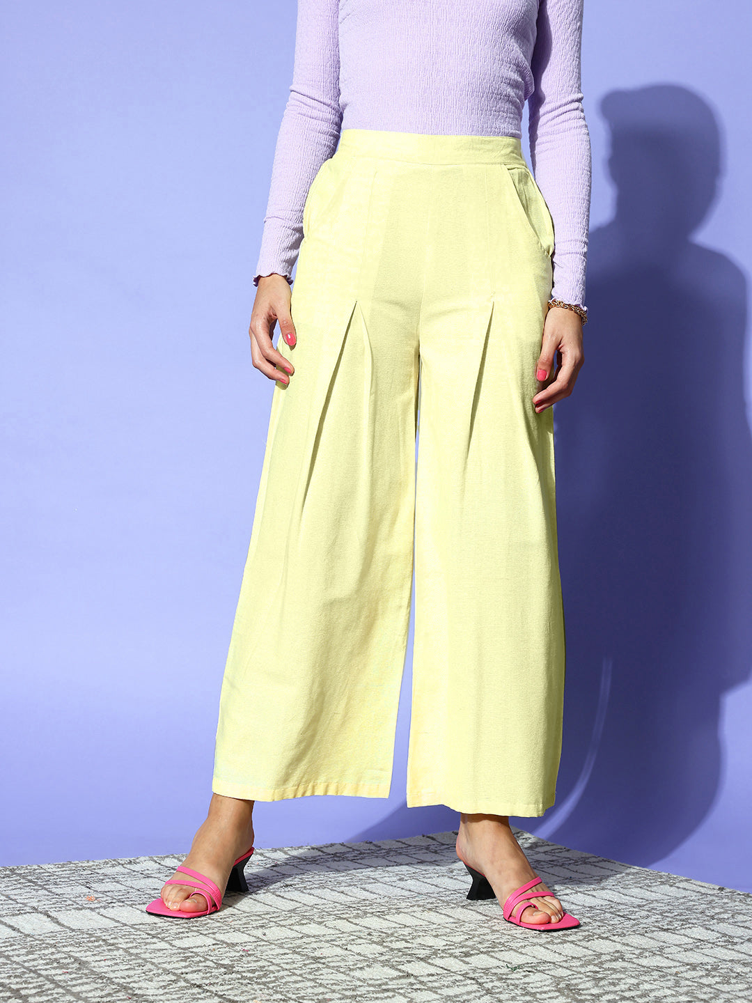 PANIT Women Bright Yellow Solid Wide Leg Trousers