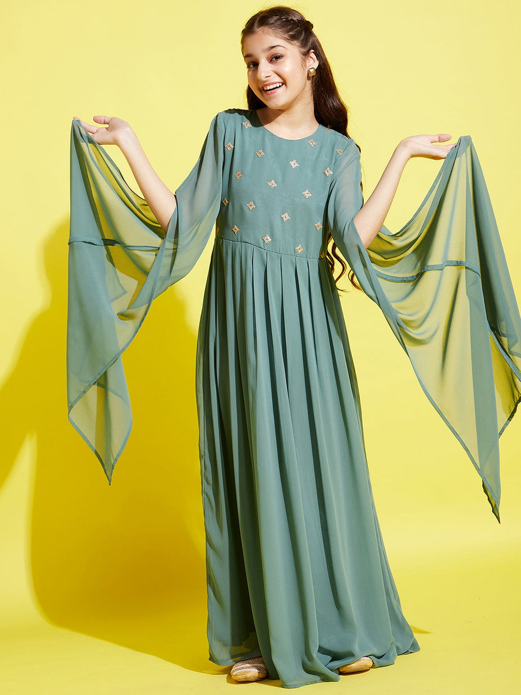 Girls Sea Green Georgette Maxi Dress