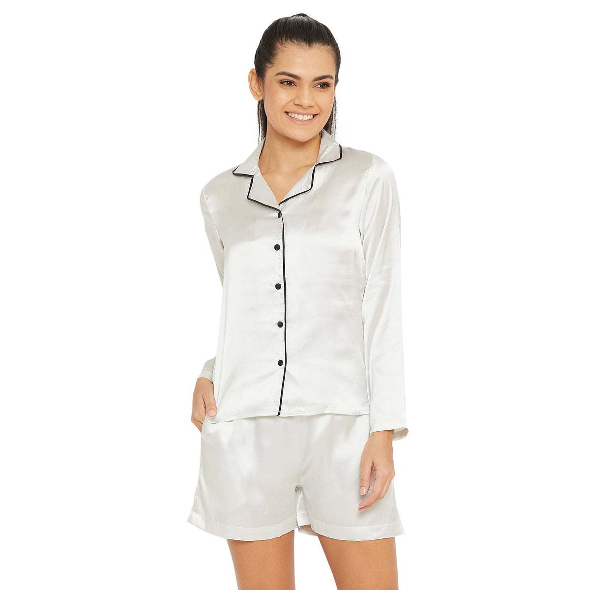 Women White Satin Finish Solid Night Suit
