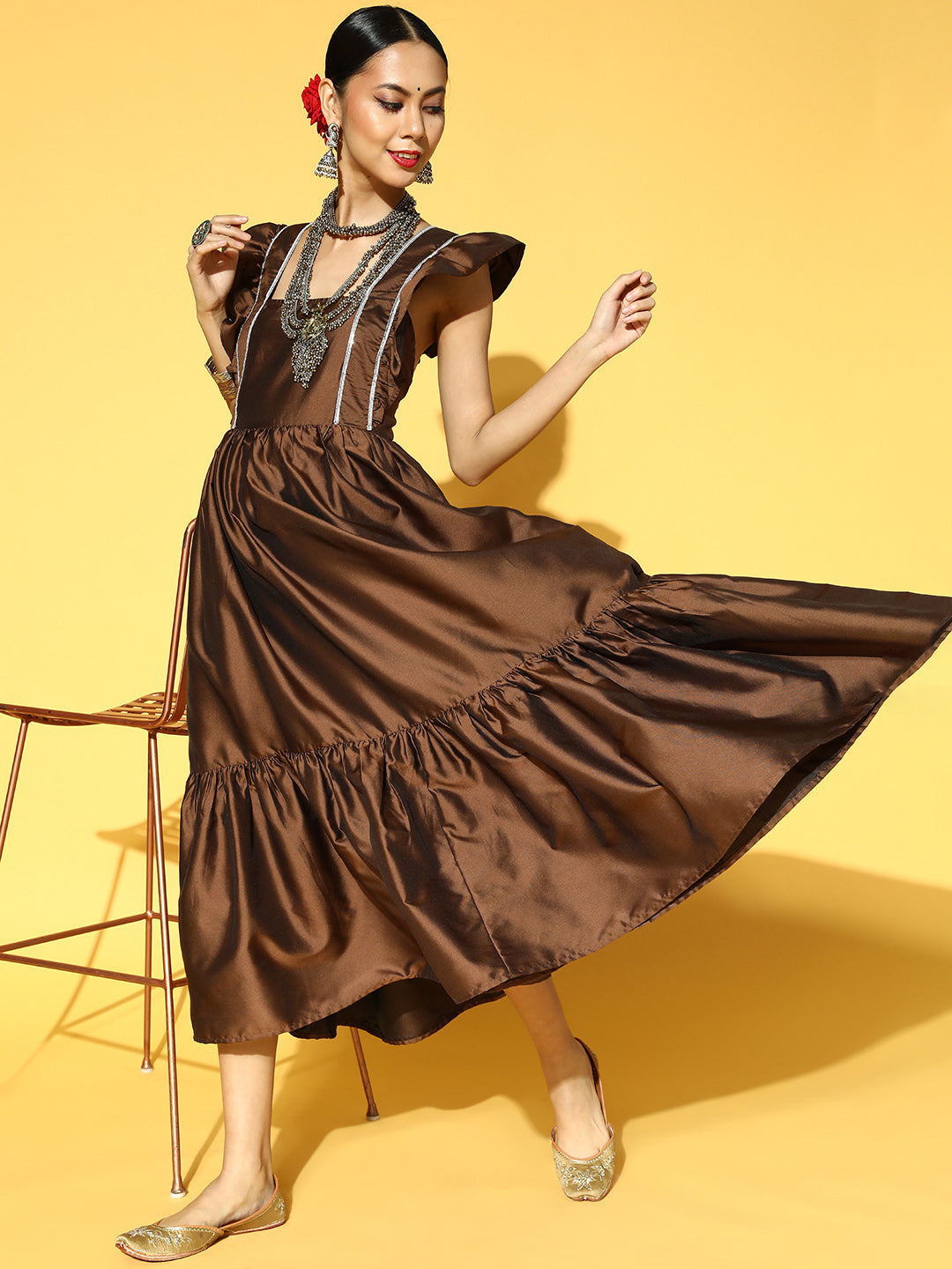 Brown Solid Cut Out Tie-up Gathered Maxi Dress