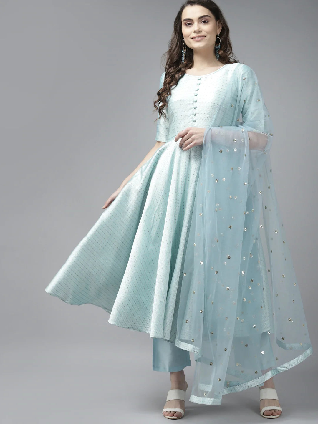 PANIT Women Aqua Blue Ethnic Motifs Embroidered Kurta with Trousers  Dupatta
