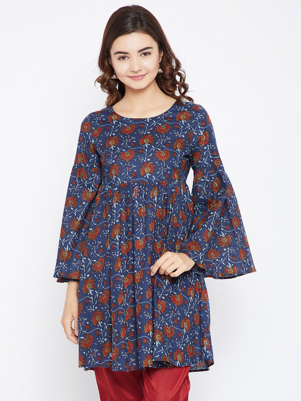 Women Navy Blue and Maroon Printed Kurtis