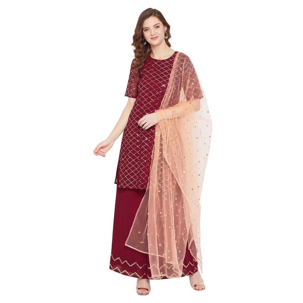 Maroon jaal embroidered kurta and sharara with peach dupatta