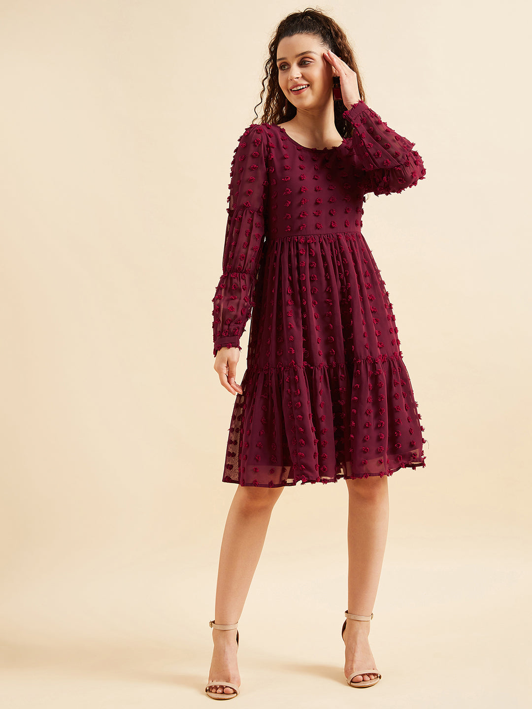 Women Self Design Puff Sleeves Georgette Dress