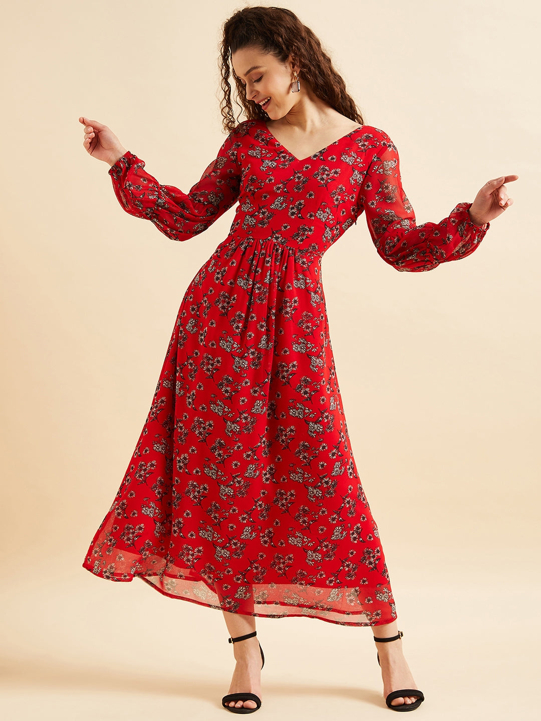 Floral Printed Puff Sleeve Georgette Maxi Dress