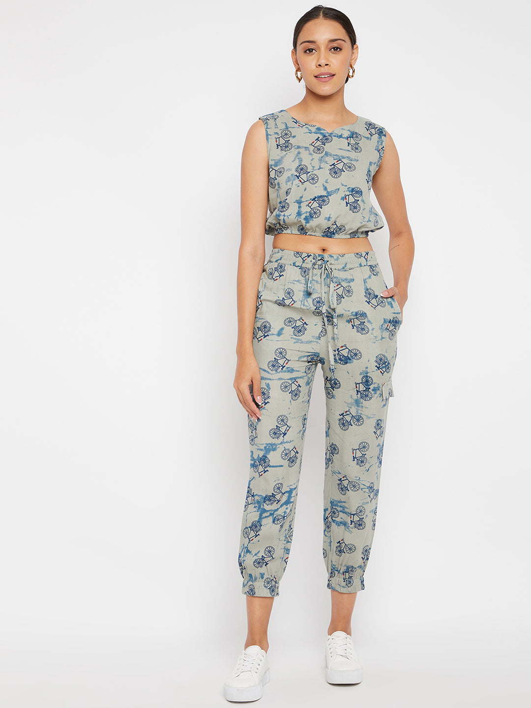 PANIT Grey and Blue Cycle Printed Two-Piece Jumpsuit