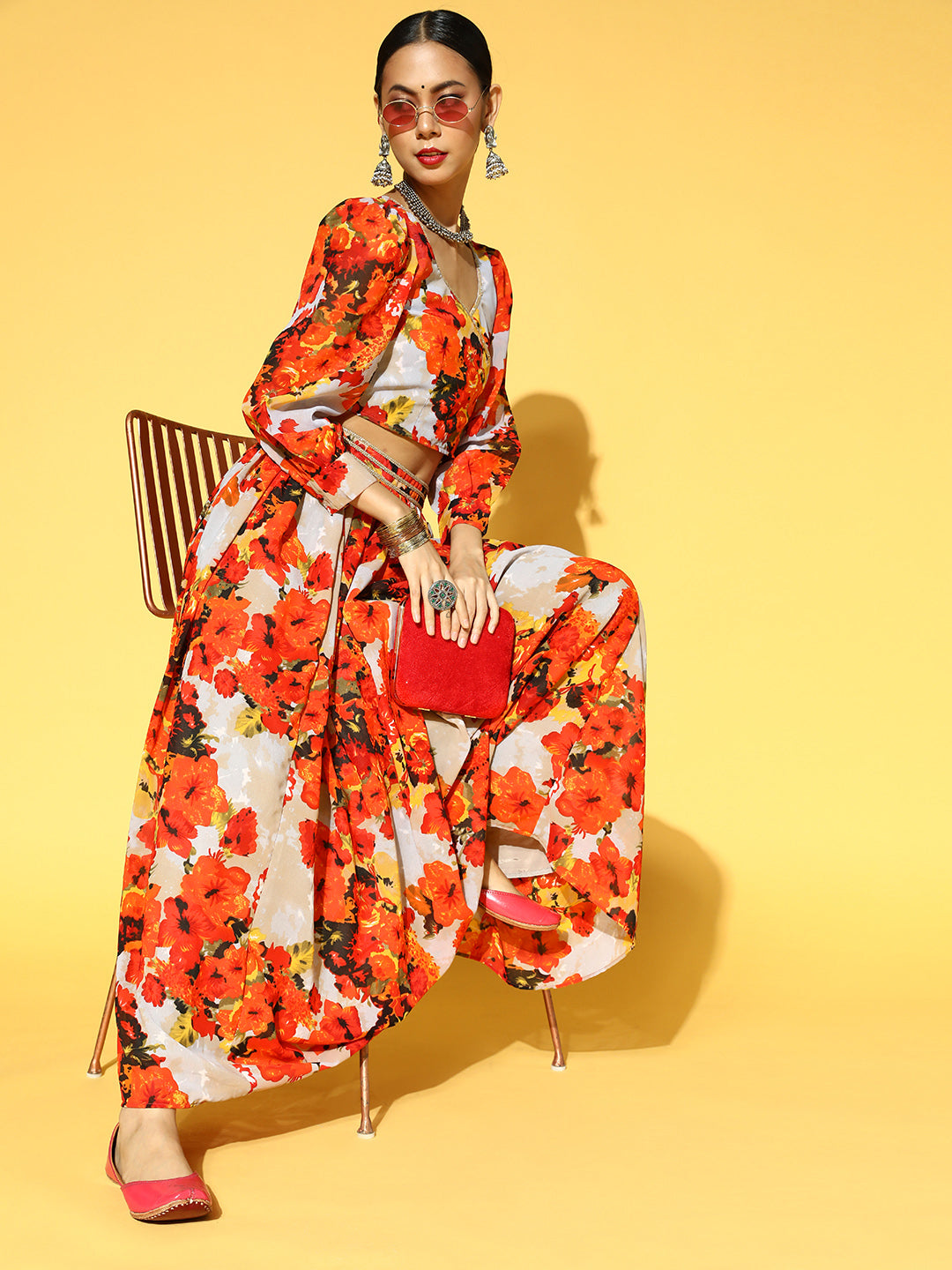 Orange & Grey Floral Print Ready to Wear Lehenga & Choli