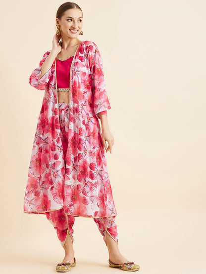 White & Pink Floral Printed Crop Top With Dhoti Pants & Shrug Ethnic Co-Ords