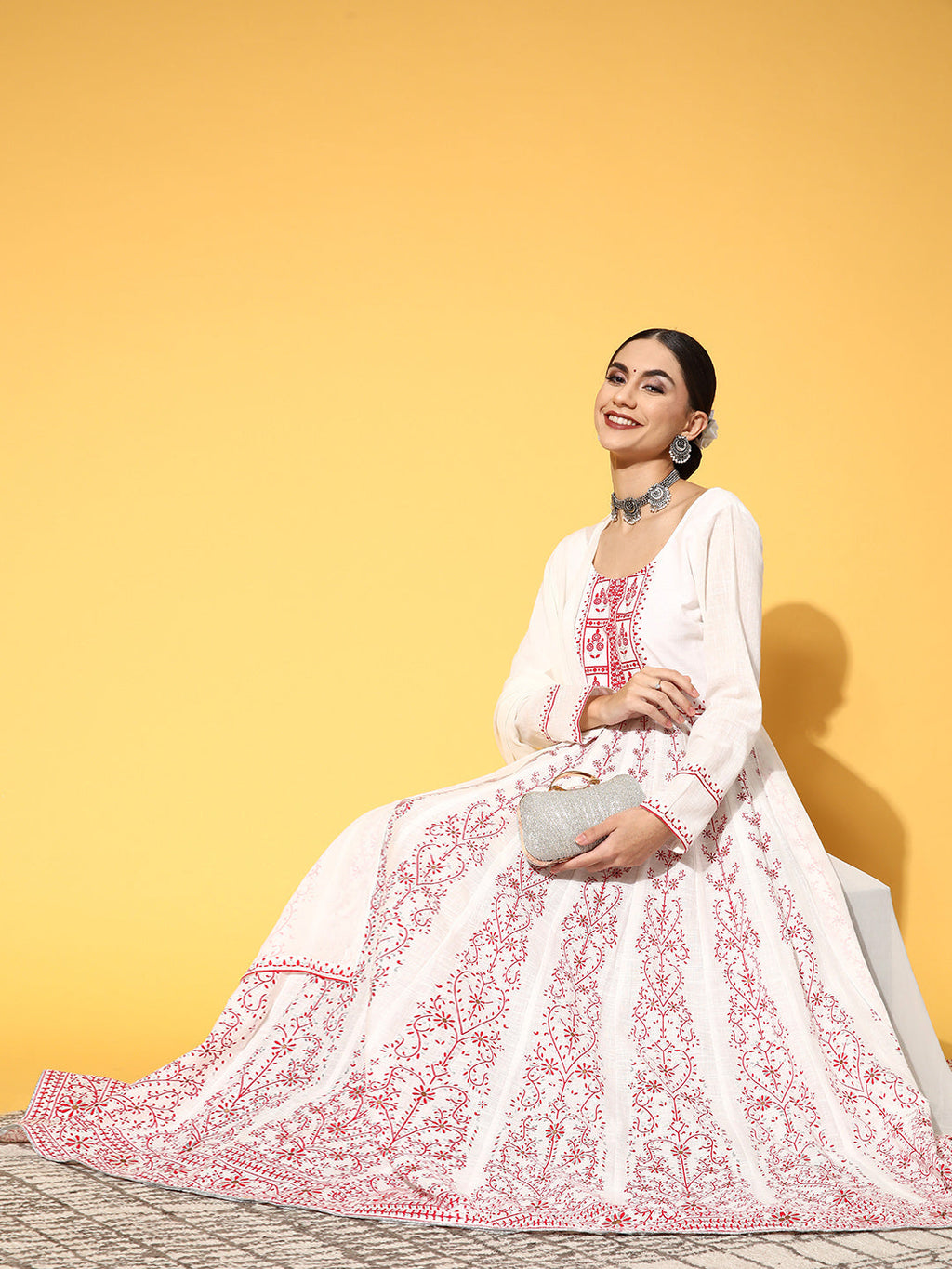 PANIT White Ethnic Motifs Swirling Volume Dress
