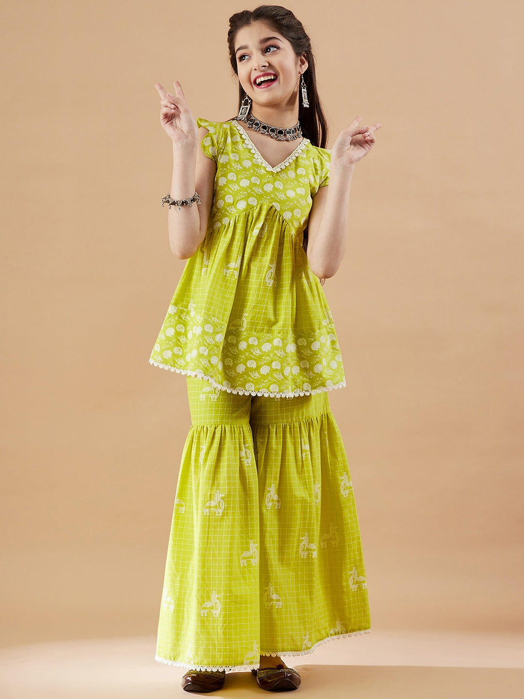Ethnic Motifs Printed Panelled Kurta with Sharara