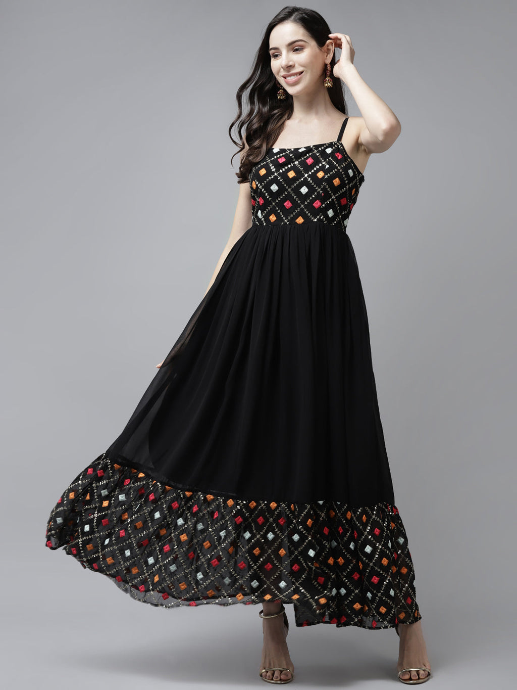 PANIT Women Black  Orange Embroidered Maxi Dress