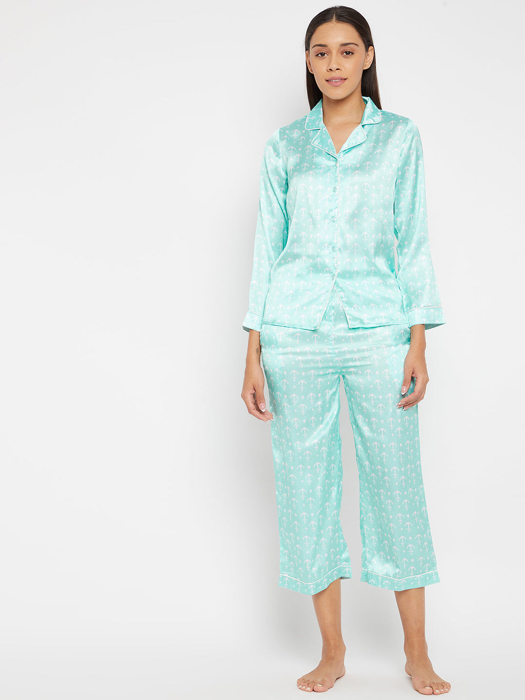 Women Blue & White Printed Night suit