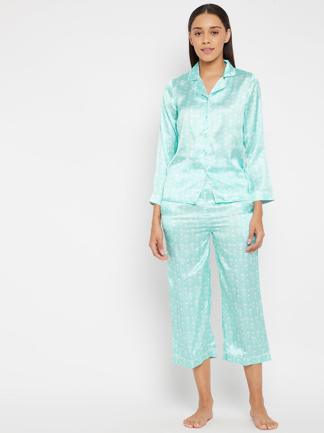 Women Blue & White Printed Night suit