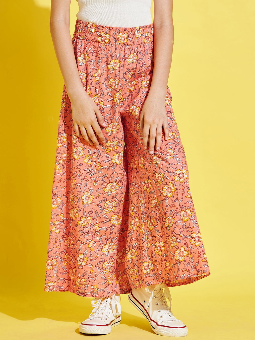Cherry Jerry Girls Orange Floral Printed Relaxed Pleated Cotton Trousers